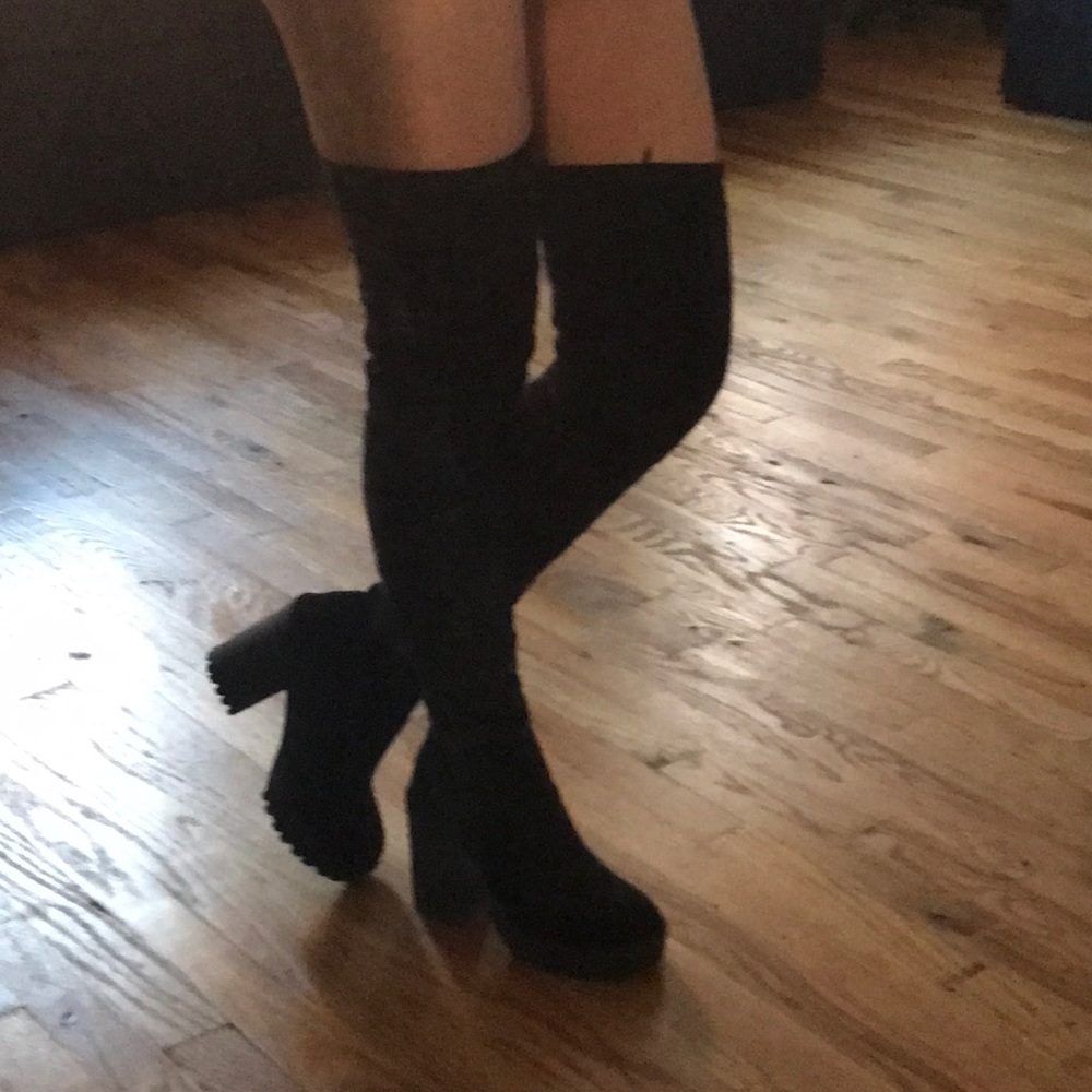 Thigh high velvet lug sole boots